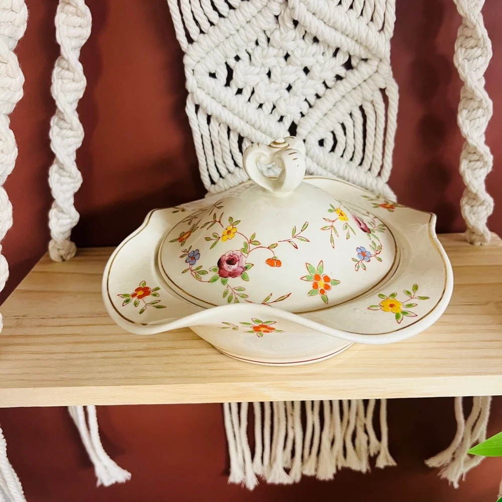 Vintage Ceramic Casserole Dish, Floral Divided‎ 3-Section, Cream